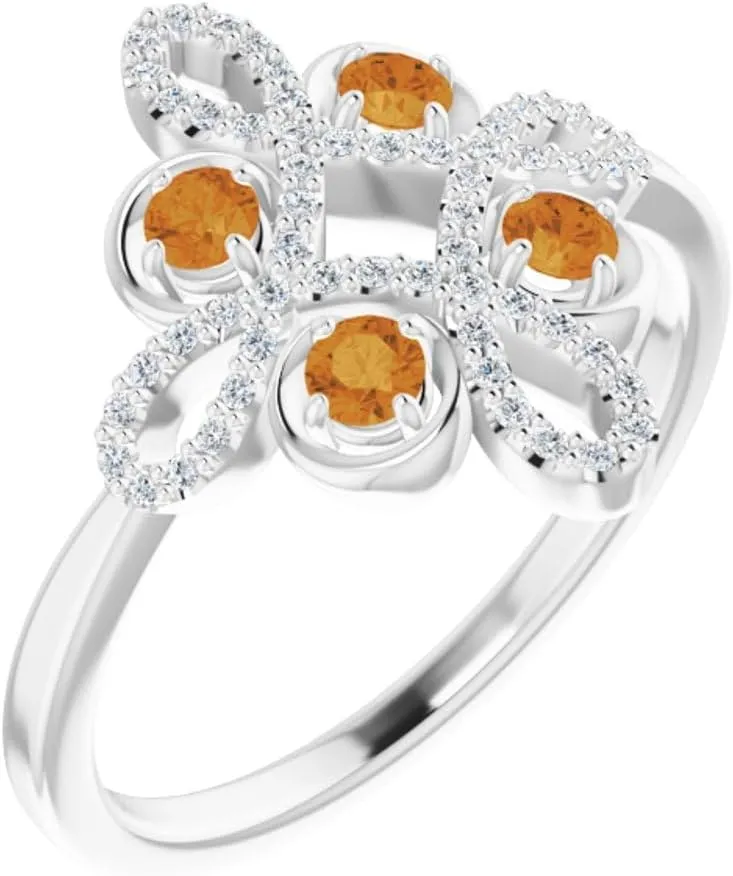 Platinum Citrine and 1/6 cttw Diamond Accented Clover Fashion Ring Fine Jewelry For Women Gifts For Her, Size 7