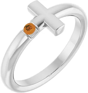 Platinum Citrine Sideways Cross Religious Fashion Solitaire Ring Fine Jewelry For Women Gifts For Her, Size 7