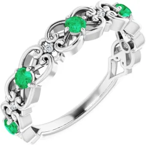 Platinum Emerald and .02 cttw Diamond Vintage-Inspired Scroll Stackable Fashion Ring Fine Jewelry For Women Gifts For Her, Size 7