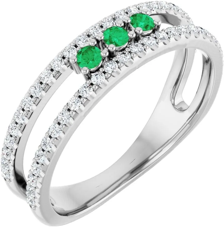 Platinum Lab-Grown Emerald and 1/4 cttw Diamond Negative Space Fashion Ring Fine Jewelry For Women Gifts For Her, Size 7