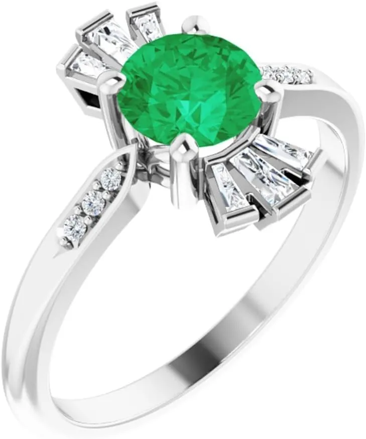 Platinum Lab-Grown Emerald and 1/6 cttw Diamond Accented Fashion Ring Fine Jewelry For Women Gifts For Her, Size 7
