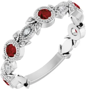 Platinum Mozambique Garnet and .03 cttw Diamond Accented Leaf Fashion Ring Fine Jewelry For Women Gifts For Her, Size 7