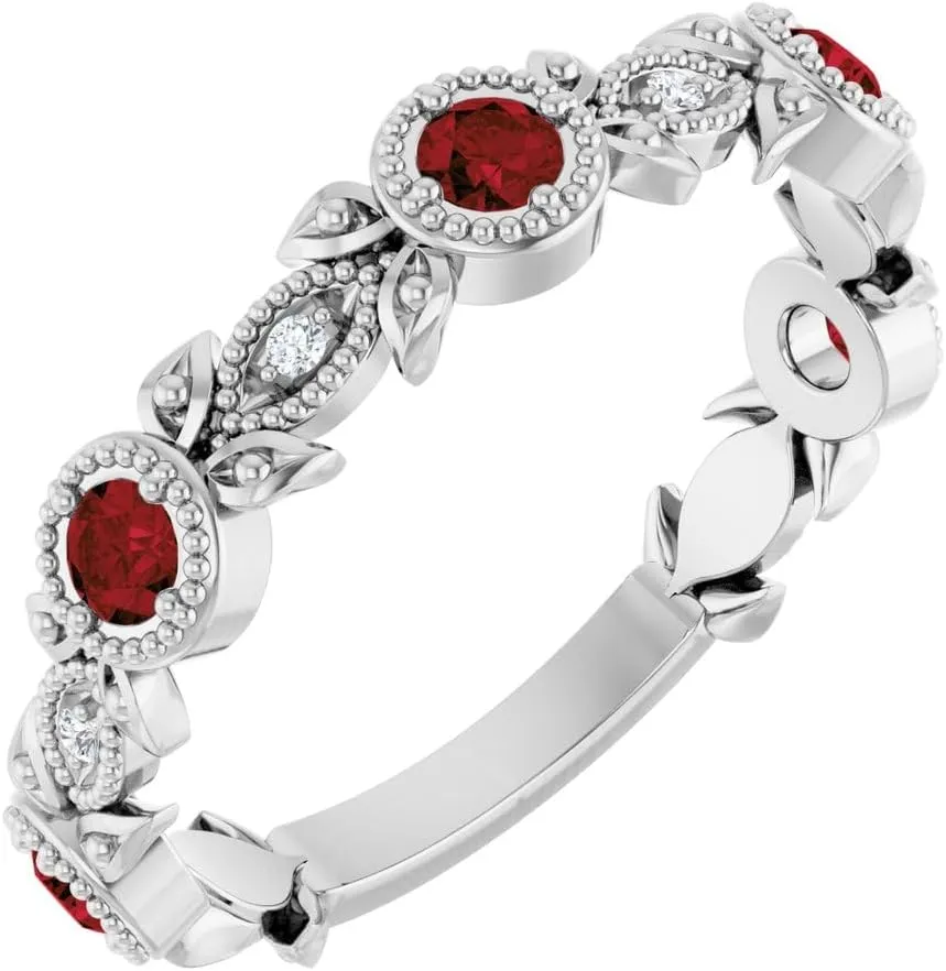 Platinum Mozambique Garnet and .03 cttw Diamond Accented Leaf Fashion Ring Fine Jewelry For Women Gifts For Her, Size 7
