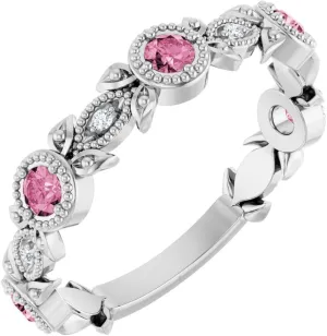Platinum Pink Tourmaline and .03 cttw Diamond Accented Leaf Fashion Ring Fine Jewelry For Women Gifts For Her, Size 7