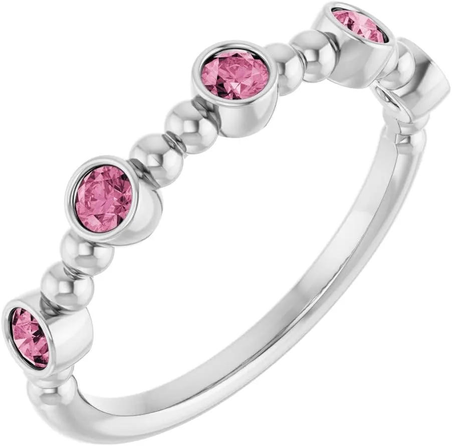Platinum Pink Tourmaline Stackable Beaded Fashion Ring Fine Jewelry For Women Gifts For Her, Size 7