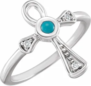 Platinum Turquoise and .05 cttw Diamond Ankh Cross Religious Fashion Ring Fine Jewelry For Women Gifts For Her, Size 7