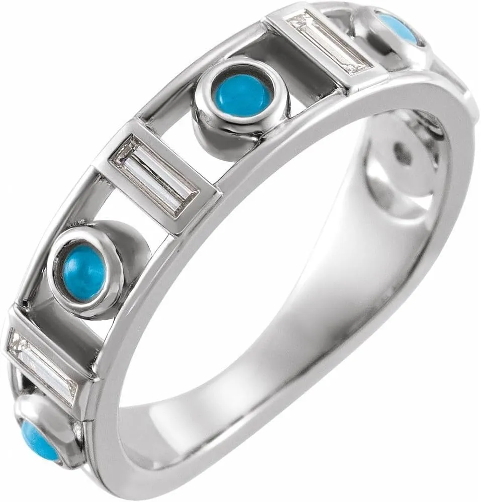 Platinum Turquoise and 1/4 cttw Diamond Bezel-Set Cabochon Fashion Ring Fine Jewelry For Women Gifts For Her, Size 7