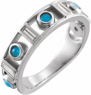 Platinum Turquoise and 1/4 cttw Diamond Bezel-Set Cabochon Fashion Ring Fine Jewelry For Women Gifts For Her, Size 7