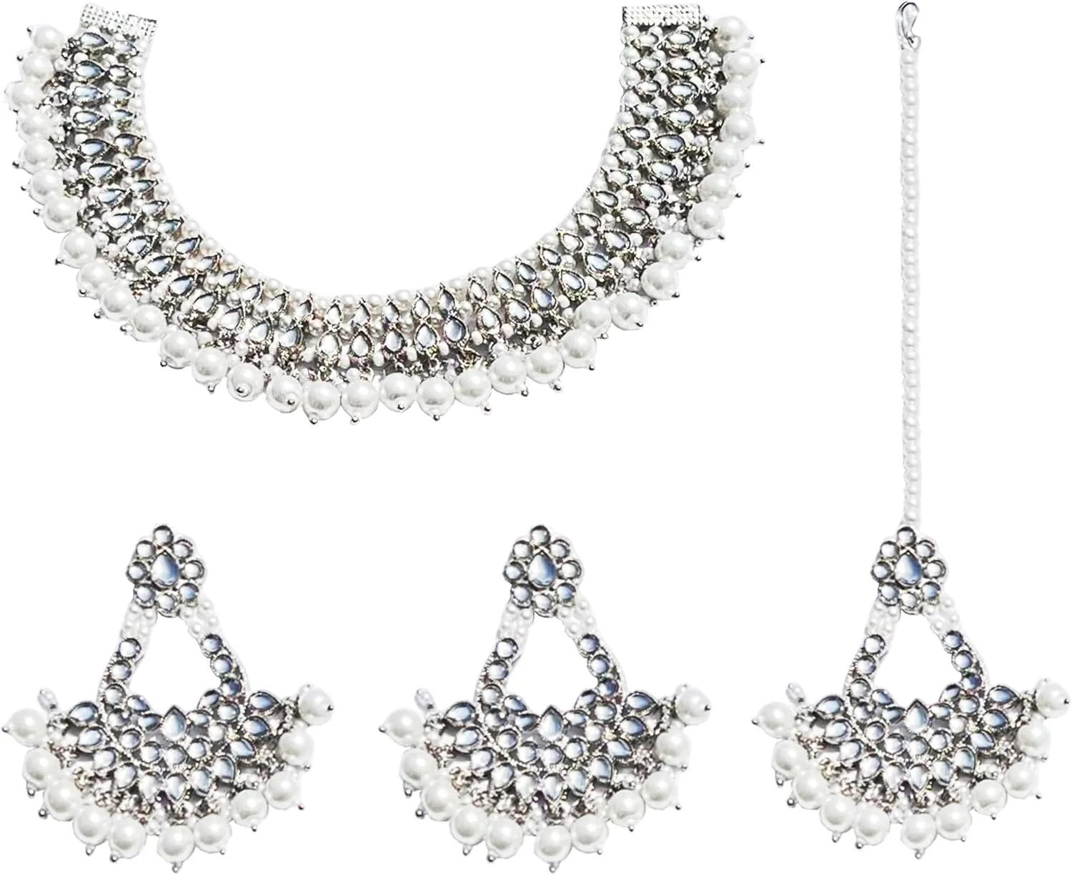 Premium Polki Kundan Necklace Set Pearl Earrings Maang Tikka Designer Pakistani Indian Jewelry Sets for Women, Elegant Traditional Bollywood Bridal Jewelry Sets, Festival and Wedding Jewelry Gifts for Her