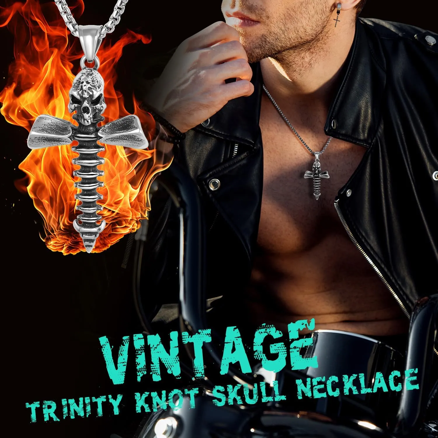 Punk Skull Cross Necklace for Men Women, Stainless Steel Cross Skull Pendant Necklace, Gothic Punk Hip Hop Jewelry Gift