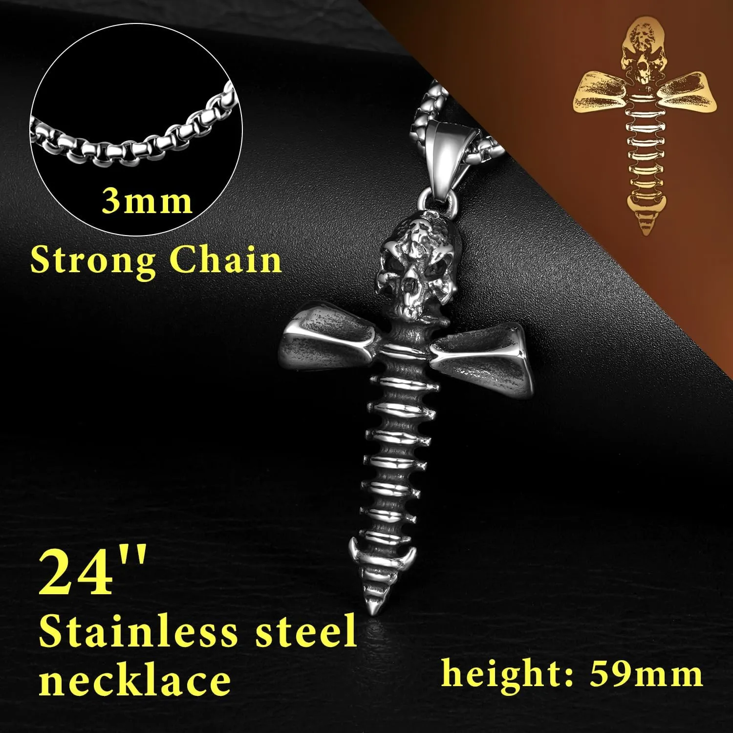 Punk Skull Cross Necklace for Men Women, Stainless Steel Cross Skull Pendant Necklace, Gothic Punk Hip Hop Jewelry Gift