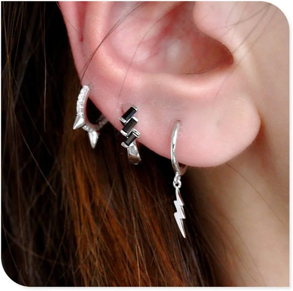 Punk Spikes Stud Small CZ Hoop Earrings for Women Teen Girls Men 925 Sterling Silver Charms Huggie Hoops Cuff Cartilage Stud Tragus Helix Crystal Wrap Earrings Hypoallergenic Rock Fashion Jewelry