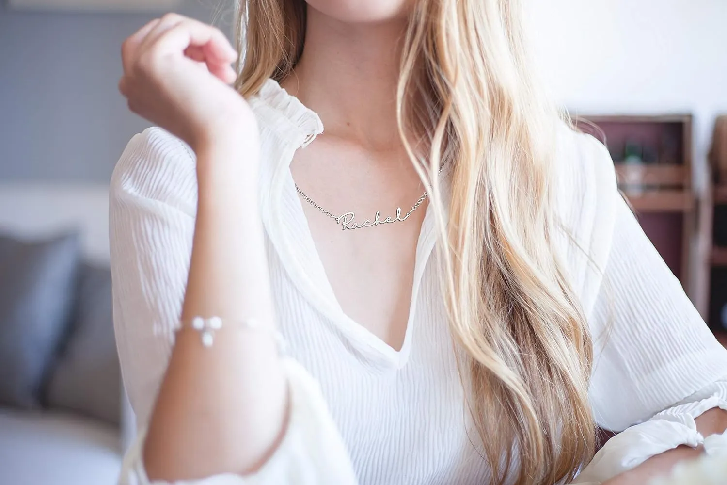 Q&Locket Custom Cursive Name Necklace Personalized Name Plate Customized Initial Necklaces for Women Men