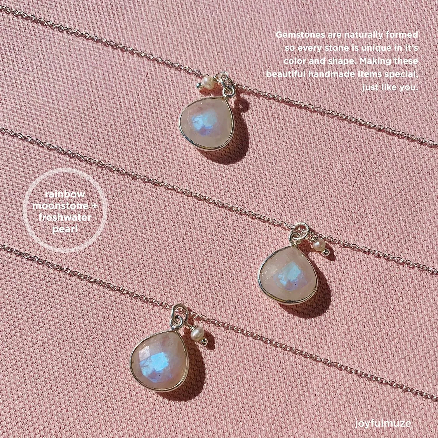 Rainbow Moonstone Necklace, Natural White Gemstone and Freshwater Tinny Pearl Pendant, Boho 925 Sterling Silver Jewelry, Handmade Gift for Women, Daintly Simple Chain 18 inch 1 pc