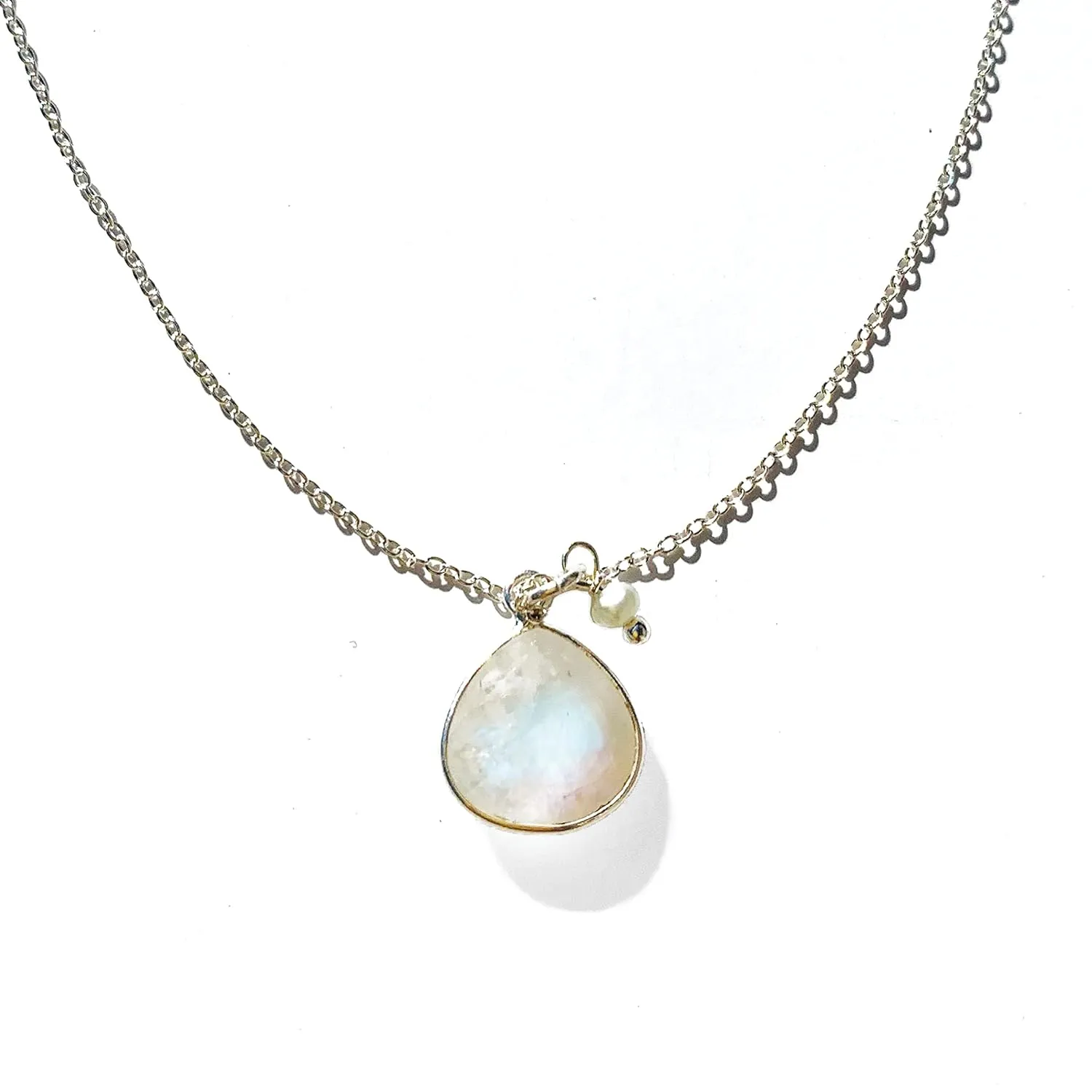 Rainbow Moonstone Necklace, Natural White Gemstone and Freshwater Tinny Pearl Pendant, Boho 925 Sterling Silver Jewelry, Handmade Gift for Women, Daintly Simple Chain 18 inch 1 pc