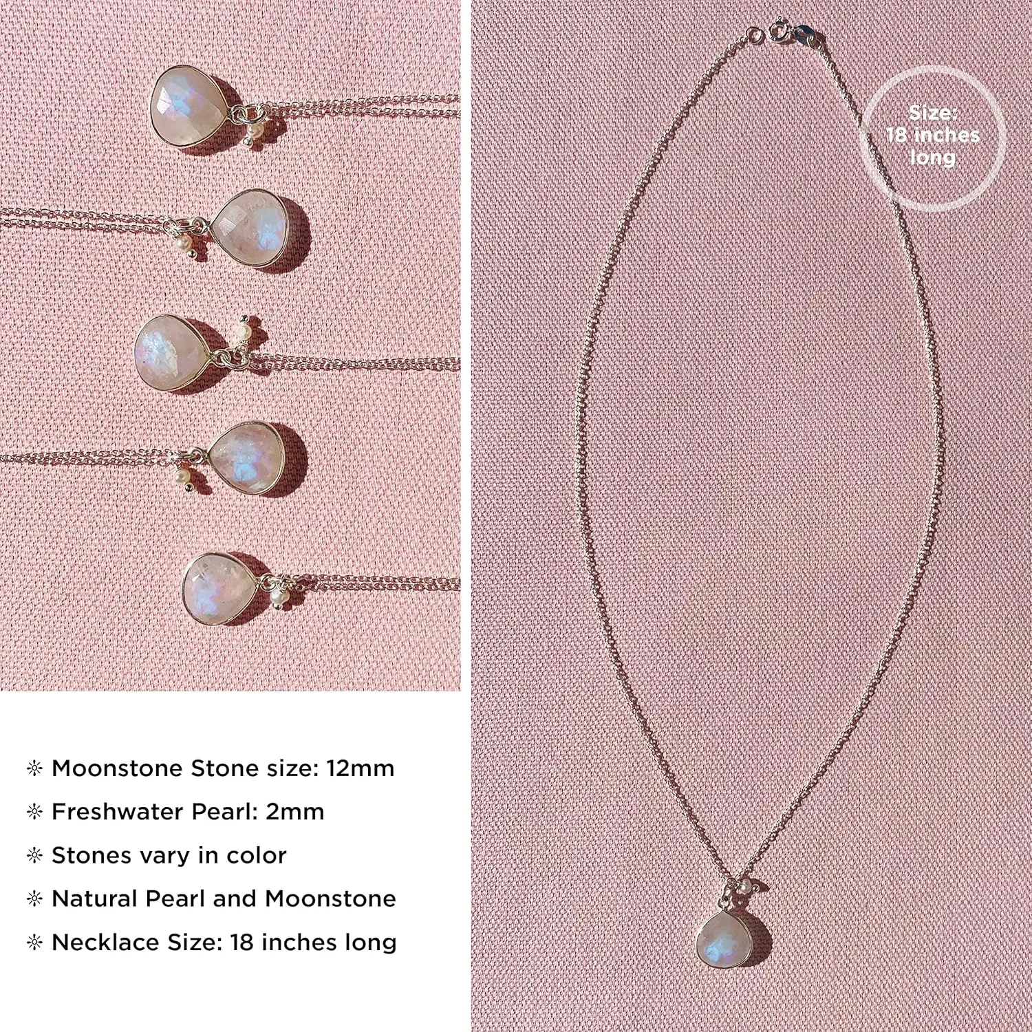 Rainbow Moonstone Necklace, Natural White Gemstone and Freshwater Tinny Pearl Pendant, Boho 925 Sterling Silver Jewelry, Handmade Gift for Women, Daintly Simple Chain 18 inch 1 pc