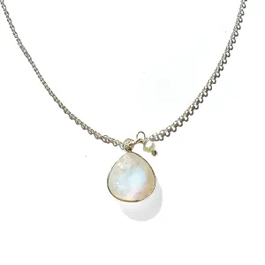 Rainbow Moonstone Necklace, Natural White Gemstone and Freshwater Tinny Pearl Pendant, Boho 925 Sterling Silver Jewelry, Handmade Gift for Women, Daintly Simple Chain 18 inch 1 pc