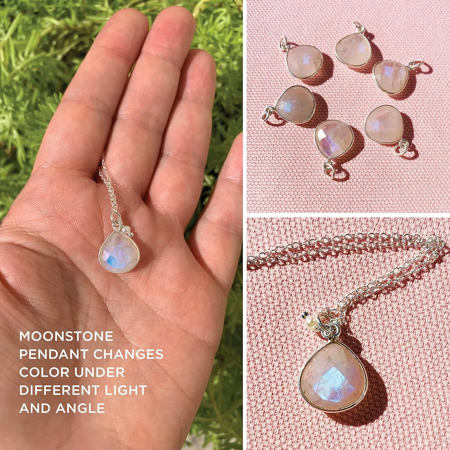 Rainbow Moonstone Necklace, Natural White Gemstone and Freshwater Tinny Pearl Pendant, Boho 925 Sterling Silver Jewelry, Handmade Gift for Women, Daintly Simple Chain 18 inch 1 pc