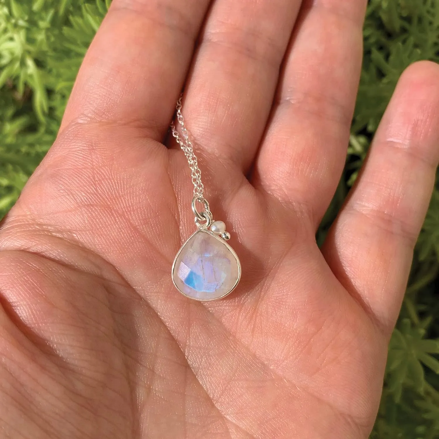 Rainbow Moonstone Necklace, Natural White Gemstone and Freshwater Tinny Pearl Pendant, Boho 925 Sterling Silver Jewelry, Handmade Gift for Women, Daintly Simple Chain 18 inch 1 pc