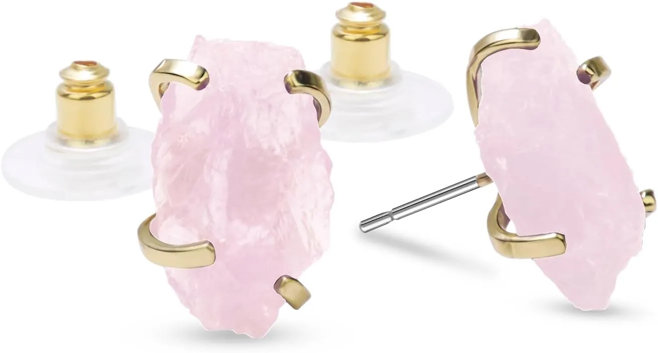Raw Crystal Earrings Studs, Natural Rose Quartz Amethyst Citrine Quartz Prong Setting Stud Earrings for Women, 14k Gold Plated Handmade Irregular Healing Crystal Earrings for Gift.