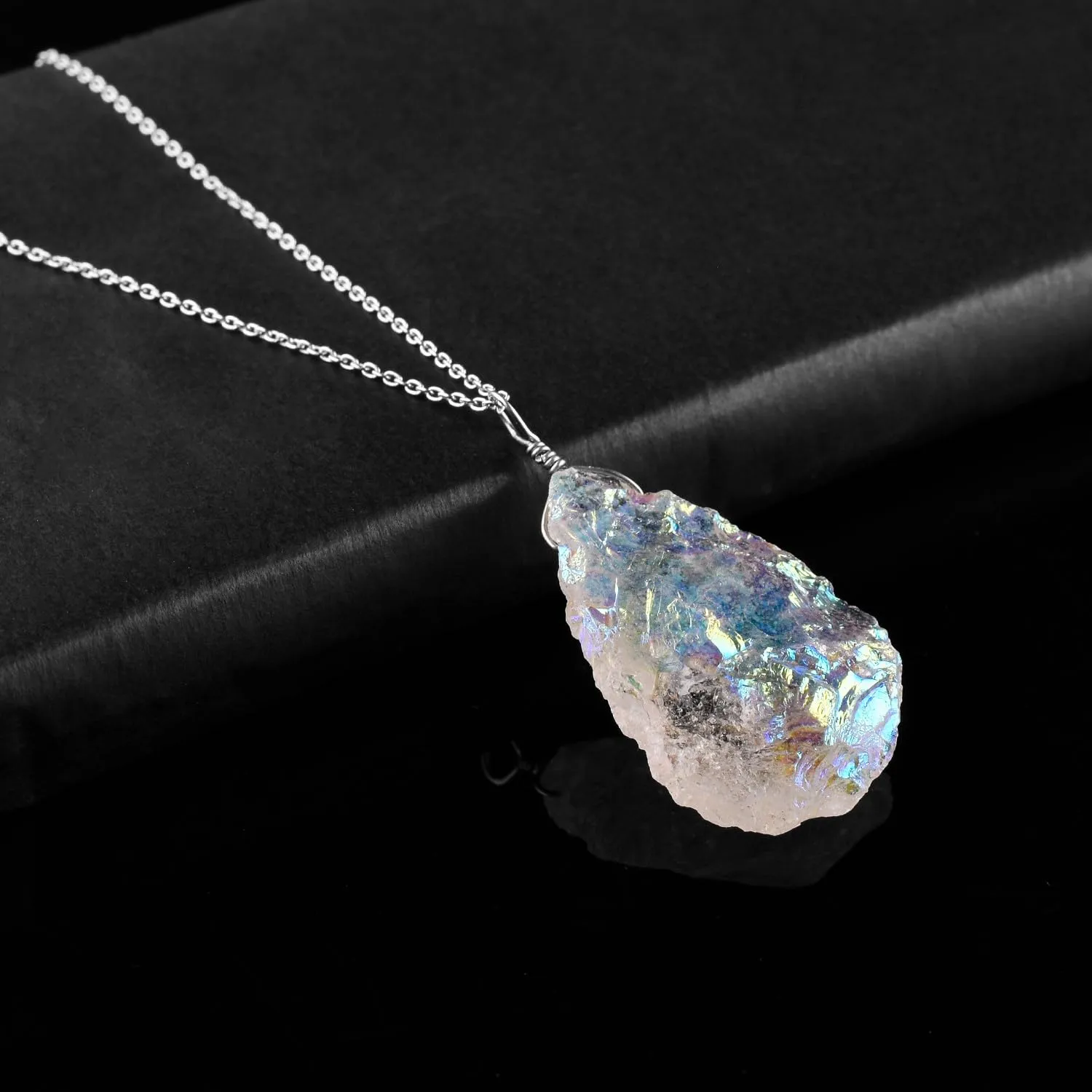 Raw Pear-Shaped Angel Aura Quartz Pendant - Natural Rough Beauty - Sterling Silver Necklace - Rhodium Plated - Healing Crystal - Odrillion Gems - 16 2 Inch