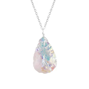 Raw Pear-Shaped Angel Aura Quartz Pendant - Natural Rough Beauty - Sterling Silver Necklace - Rhodium Plated - Healing Crystal - Odrillion Gems - 16 2 Inch