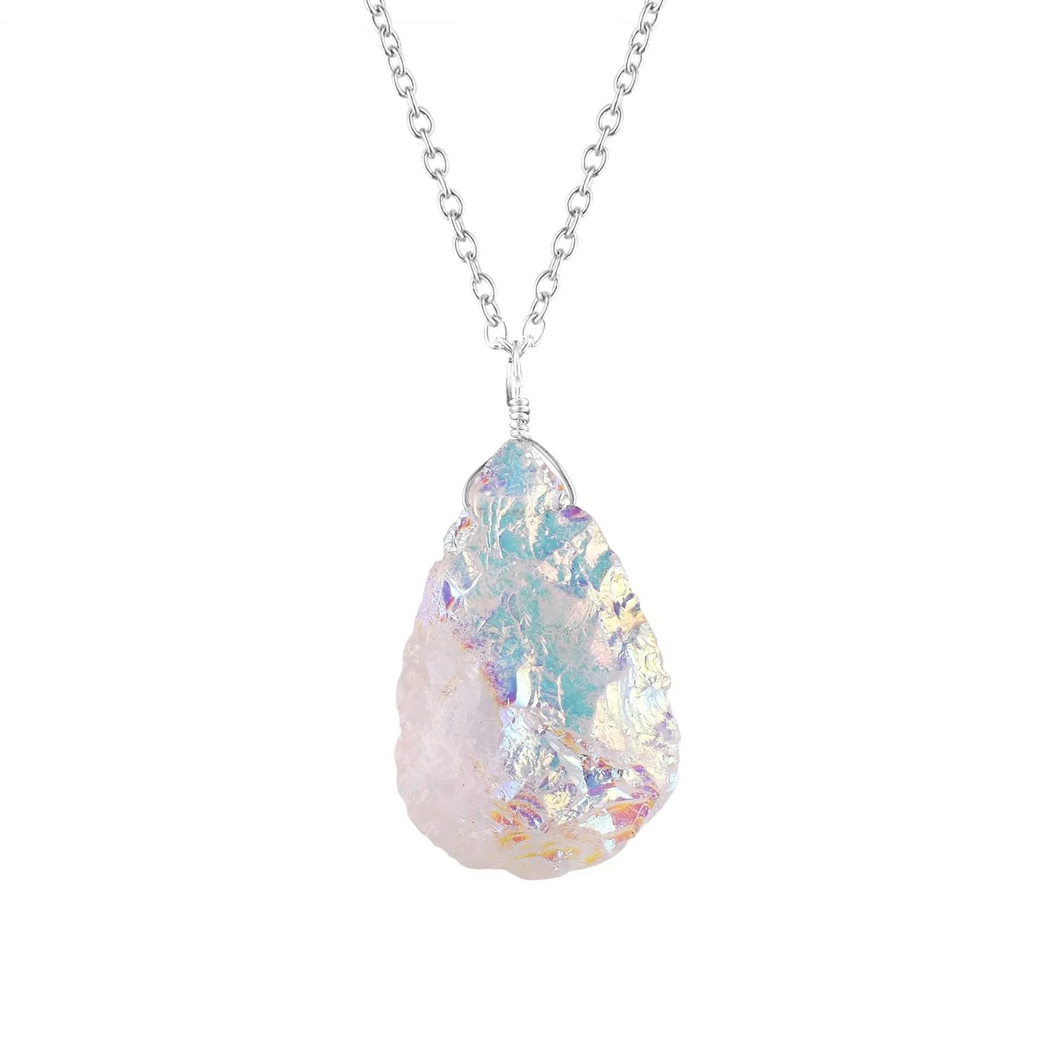 Raw Pear-Shaped Angel Aura Quartz Pendant - Natural Rough Beauty - Sterling Silver Necklace - Rhodium Plated - Healing Crystal - Odrillion Gems - 16 2 Inch