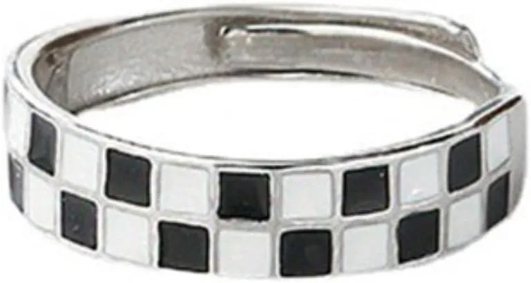 Real 925 Sterling Silver Rings Black White Glaze Checkers Opening Rings for Women Wedding Party Fine Jewelry