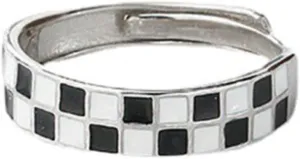 Real 925 Sterling Silver Rings Black White Glaze Checkers Opening Rings for Women Wedding Party Fine Jewelry