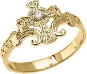 Religious Jewelry 10k Yellow Gold Solitaire Cubic Zirconia Celtic Cross with Trinity Knot Design Elegant Ring