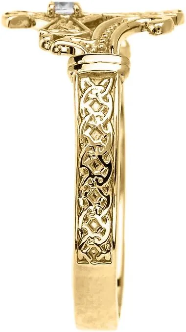 Religious Jewelry 10k Yellow Gold Solitaire Diamond Celtic Cross with Trinity Knot Design Elegant Ring