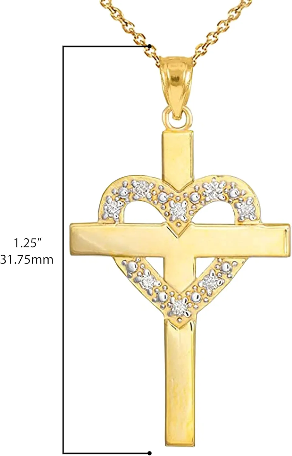 Religious Jewelry 14K Yellow Gold 1/20 Cttw Diamond Studded Heart Cross Pendant Necklace with Rolo Chain (G-H Color, SI1-SI2 Clarity) - Choice of Necklace Length