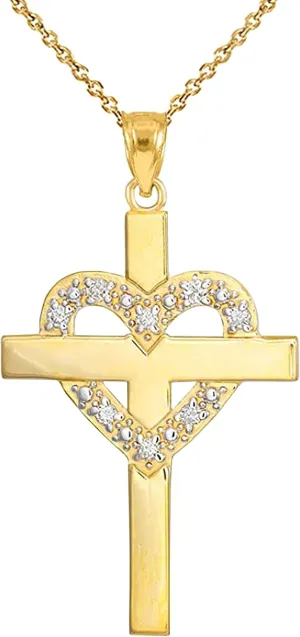 Religious Jewelry 14K Yellow Gold 1/20 Cttw Diamond Studded Heart Cross Pendant Necklace with Rolo Chain (G-H Color, SI1-SI2 Clarity) - Choice of Necklace Length