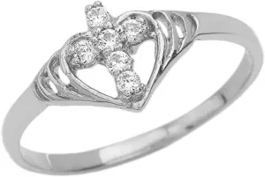 Religious Jewelry Unique Sterling Silver CZ Studded Open Heart Cross Ring