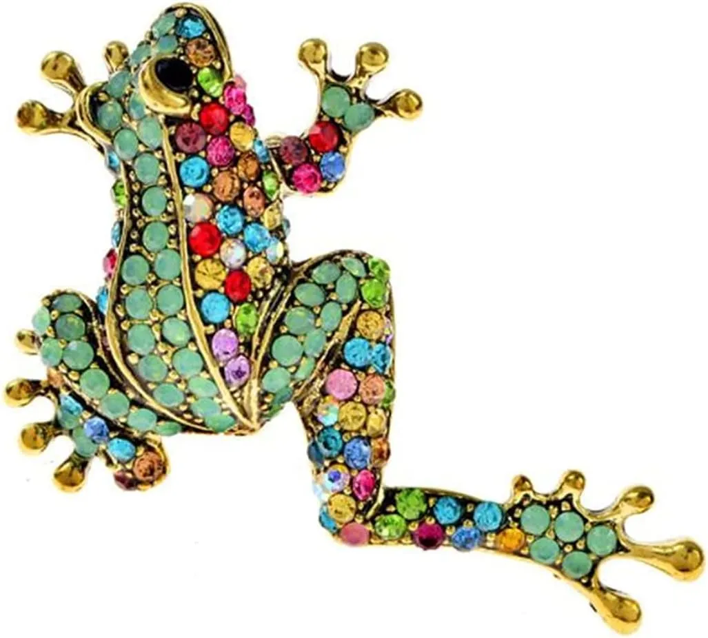 Rhinestone Frog Brooch Vivid Animal Pin Full Glasses Design Alloy Material Green Color Women And Men Jewelry