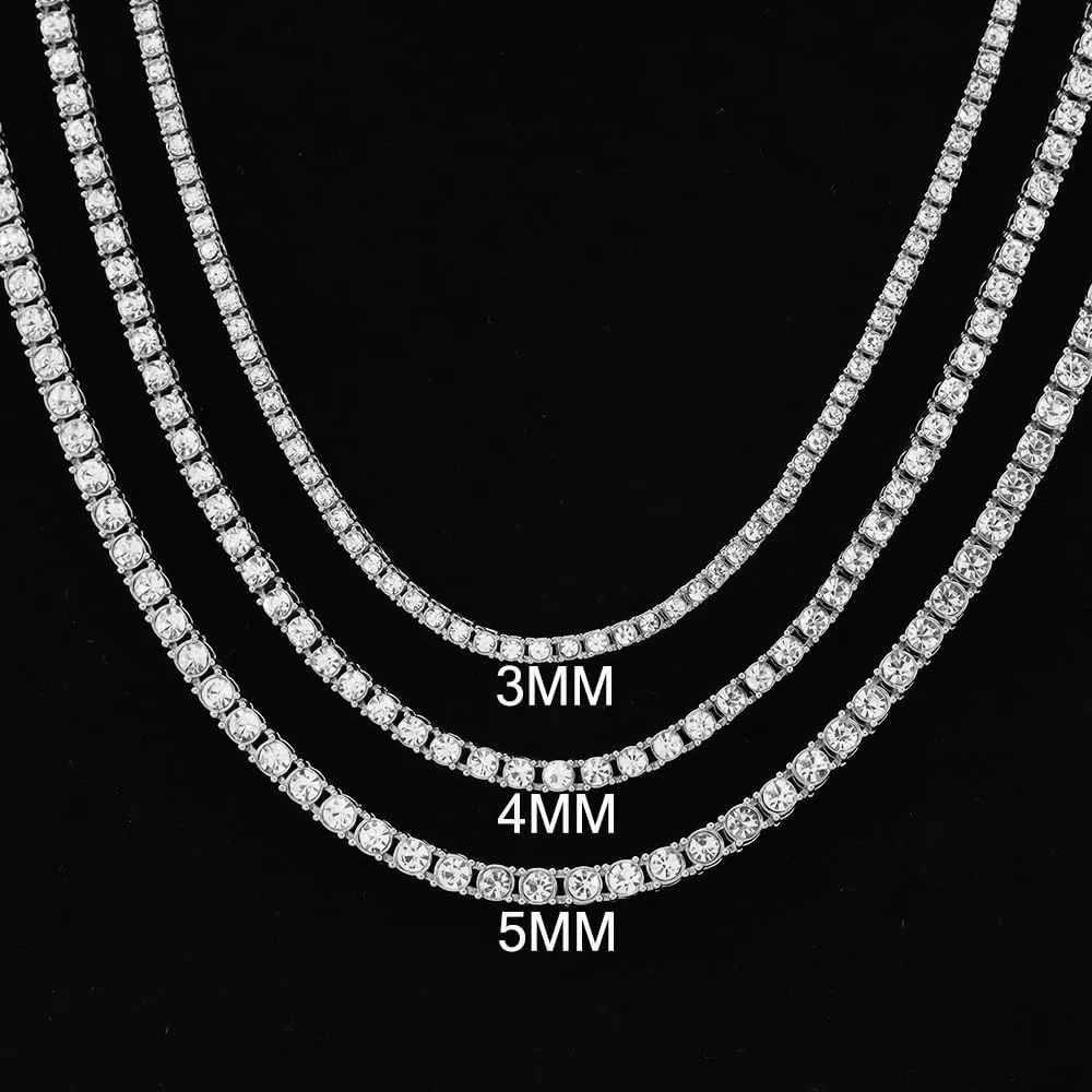 Rhinestone Tennis Necklace for Women and Men,Silver Iced Out Diamond Tennis Chain Choker Necklace,3MM/4MM/5MM Width Sparking Rhinestone Tennis Chain Cuban Link Chains 16-30inches
