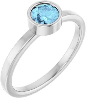 Rhodium Plated Sterling Silver 5mm Round Shape Imitation Aquamarine Solitaire Fashion Ring Fine Jewelry For Women Gifts For Her, Size 7