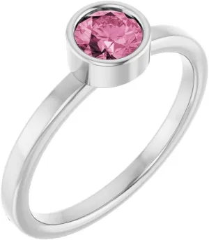 Rhodium Plated Sterling Silver 5mm Round Shape Imitation Pink Tourmaline Solitaire Fashion Ring Fine Jewelry For Women Gifts For Her, Size 7