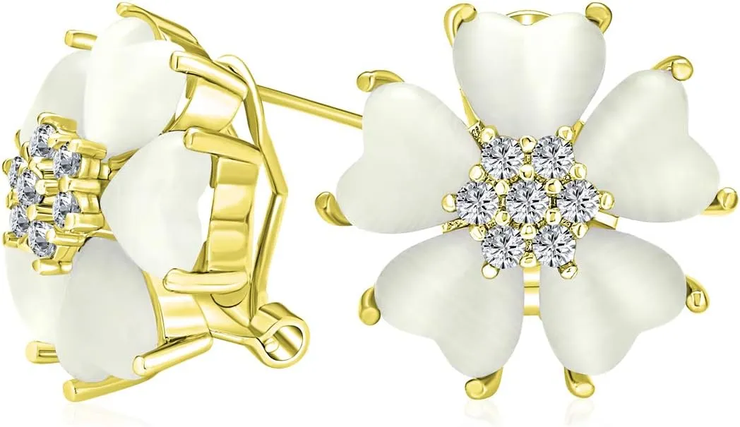 Romantic Mother of Pearl CZ Jade Gemstone Button-Style Heart-Shaped Petals Flower Clip-On Earrings or Pierced with Omega Clip for Women Gold & Silver Plated