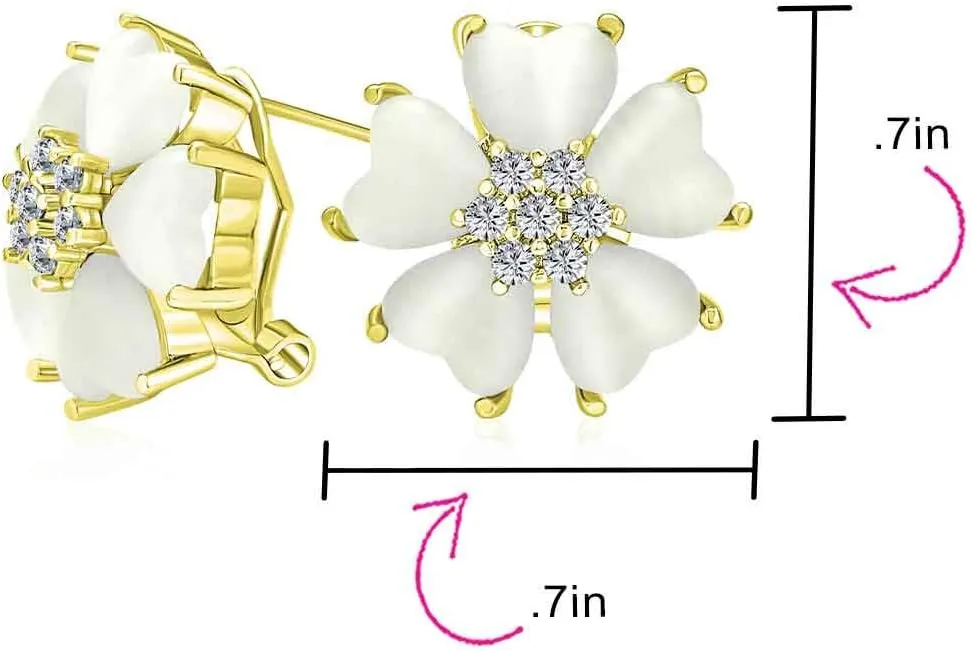 Romantic Mother of Pearl CZ Jade Gemstone Button-Style Heart-Shaped Petals Flower Clip-On Earrings or Pierced with Omega Clip for Women Gold & Silver Plated