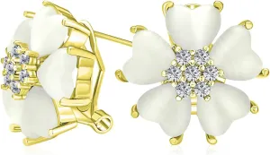 Romantic Mother of Pearl CZ Jade Gemstone Button-Style Heart-Shaped Petals Flower Clip-On Earrings or Pierced with Omega Clip for Women Gold & Silver Plated