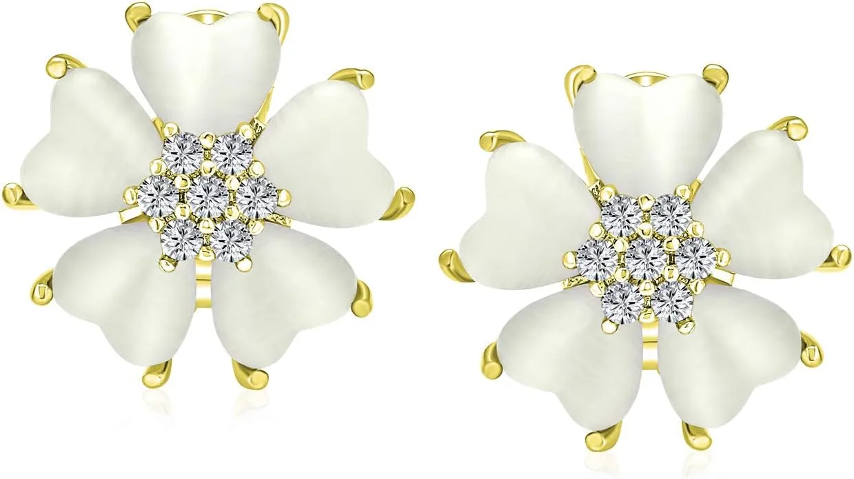 Romantic Mother of Pearl CZ Jade Gemstone Button-Style Heart-Shaped Petals Flower Clip-On Earrings or Pierced with Omega Clip for Women Gold & Silver Plated
