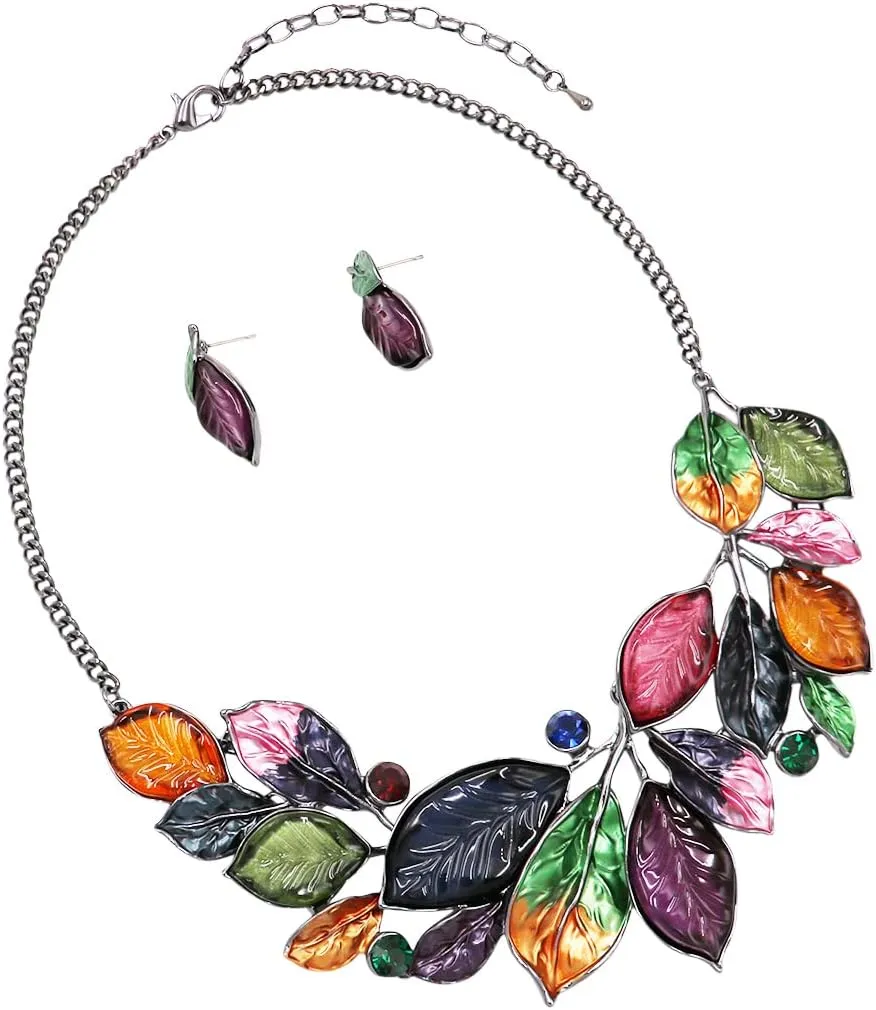 Rosemarie & Jubalee Women's UnbeLEAFable Statement Enamel Crystal Resin Leaf And Vine Necklace Earrings Set