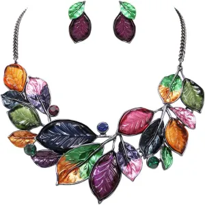 Rosemarie & Jubalee Women's UnbeLEAFable Statement Enamel Crystal Resin Leaf And Vine Necklace Earrings Set