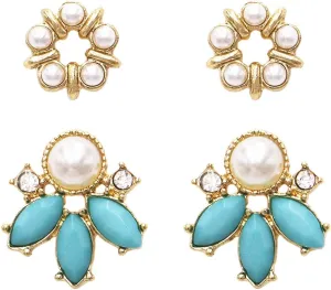 Rosemarie & Jubalee Women's Western Fancy Fun Hypoallergenic Gold Tone Simulated Pearl And Crystal Stud Earrings Set of 2