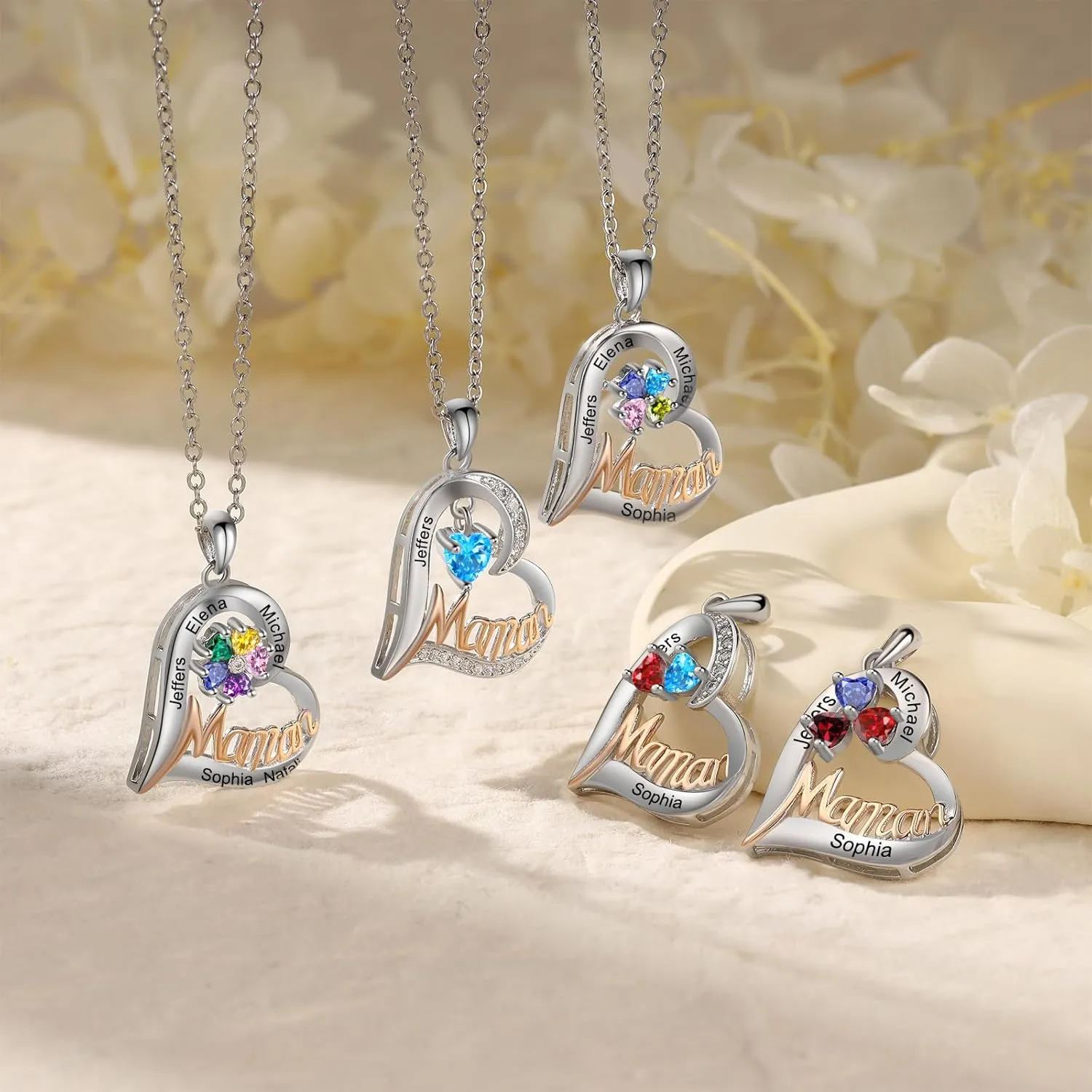 ROSI Mom Gifts from Daughter Birthstone Name Necklace for Women Personalized Mother Daughter Necklaces with Kids Names Custom Mom Wife Girlfriend Birthday Gifts for Christmas Mothers Day Gifts