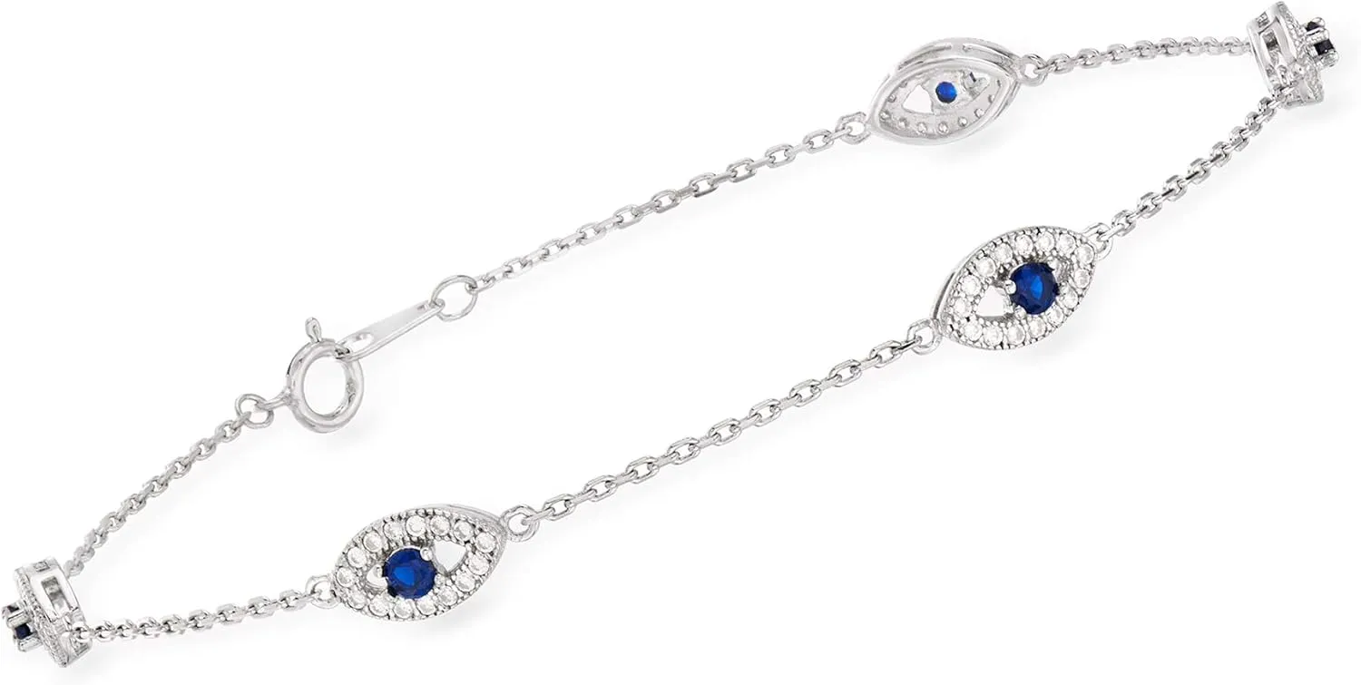 Ross-Simons 0.30 ct. t.w. CZ and .20 ct. t.w. Simulated Sapphire Evil Eye Station Bracelet in Sterling Silver