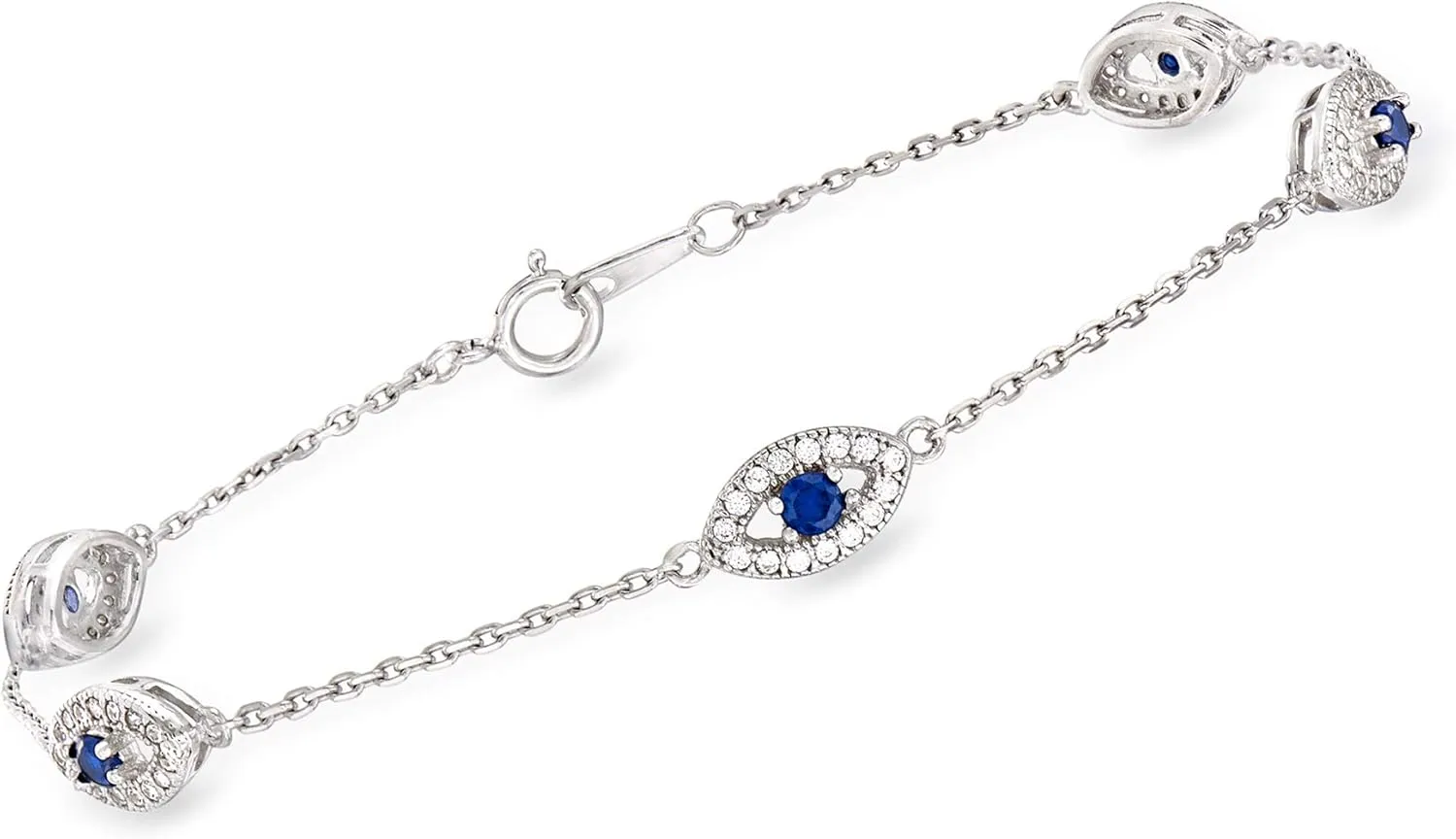 Ross-Simons 0.30 ct. t.w. CZ and .20 ct. t.w. Simulated Sapphire Evil Eye Station Bracelet in Sterling Silver