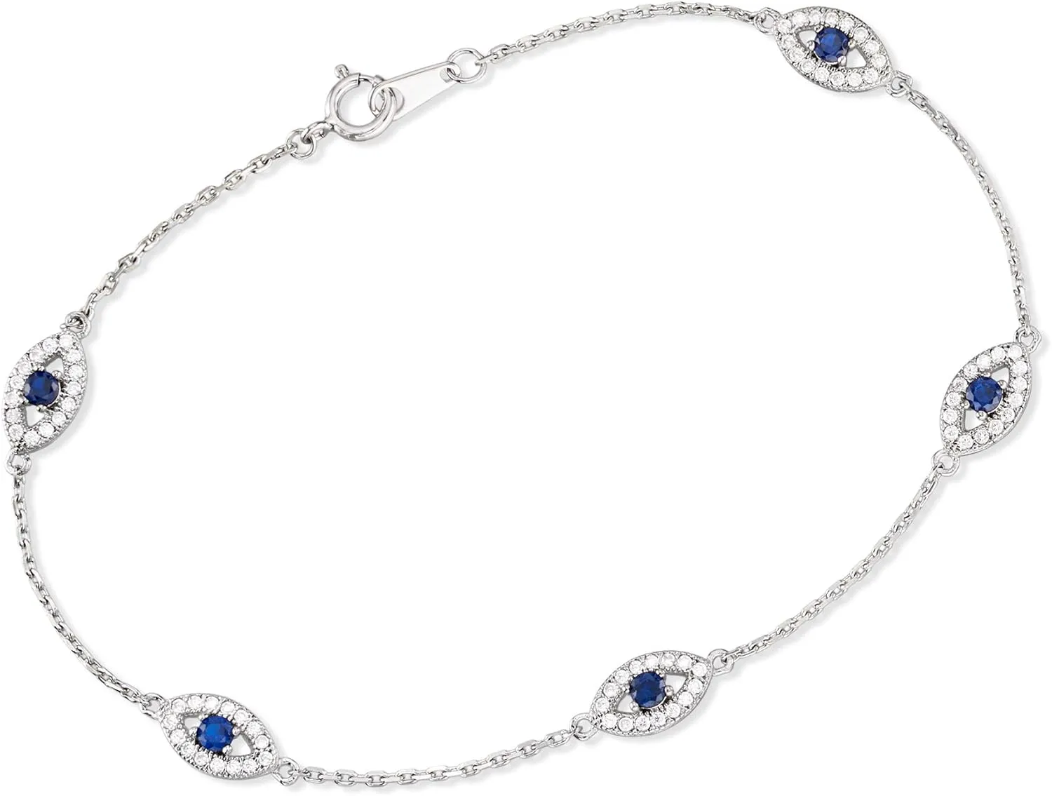 Ross-Simons 0.30 ct. t.w. CZ and .20 ct. t.w. Simulated Sapphire Evil Eye Station Bracelet in Sterling Silver