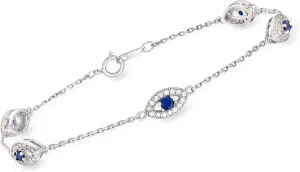 Ross-Simons 0.30 ct. t.w. CZ and .20 ct. t.w. Simulated Sapphire Evil Eye Station Bracelet in Sterling Silver